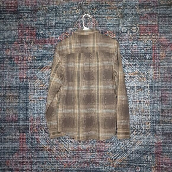 prAna mens Broderick Scorched brown beige blue plaid Organic button shirt S NWT - Picture 2 of 5